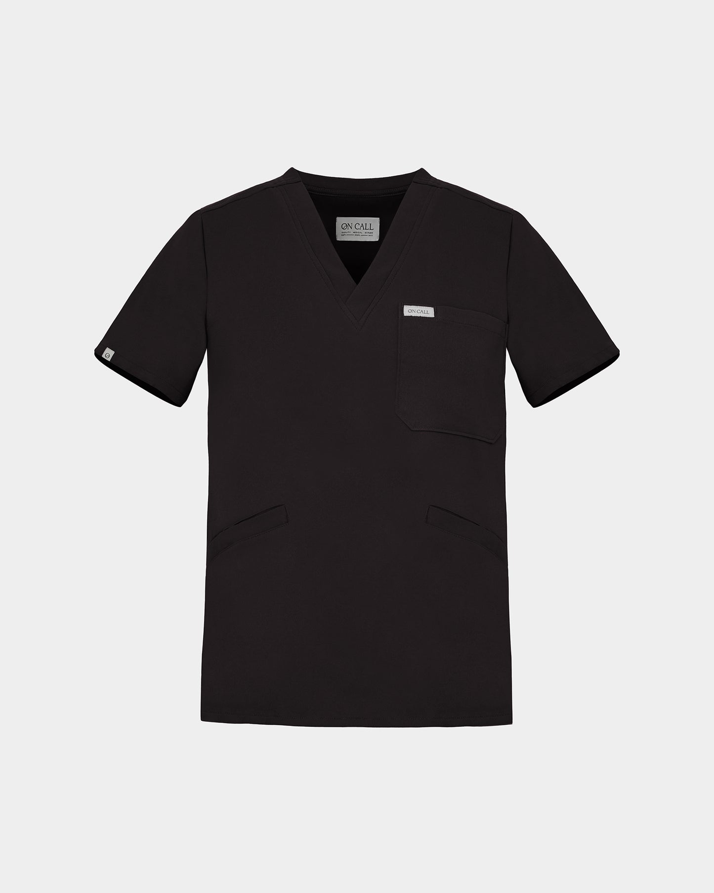 Black v-neck scrub shirt with a chest pocket and rectangular logo label.