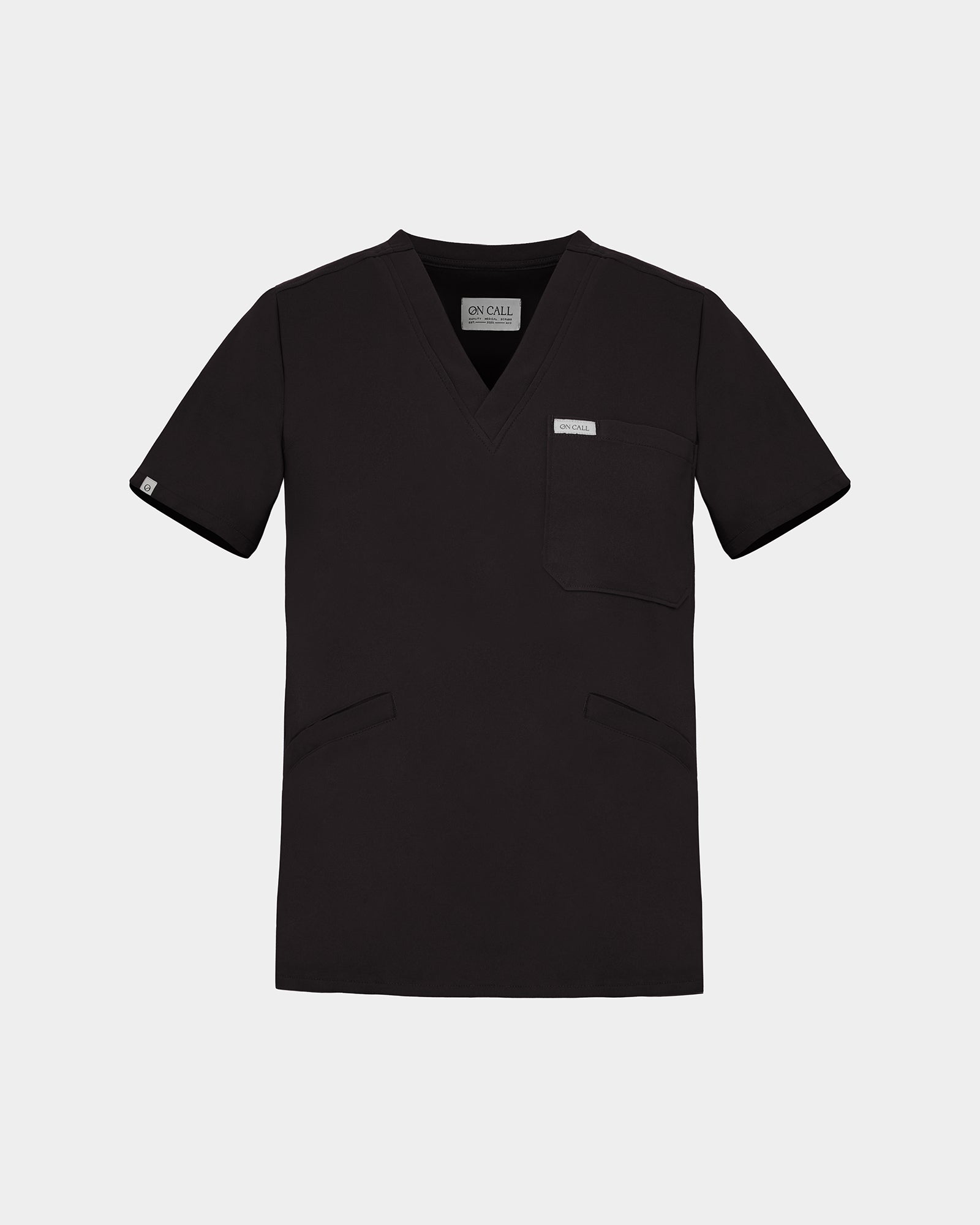 Black v-neck scrub shirt with a chest pocket and rectangular logo label.