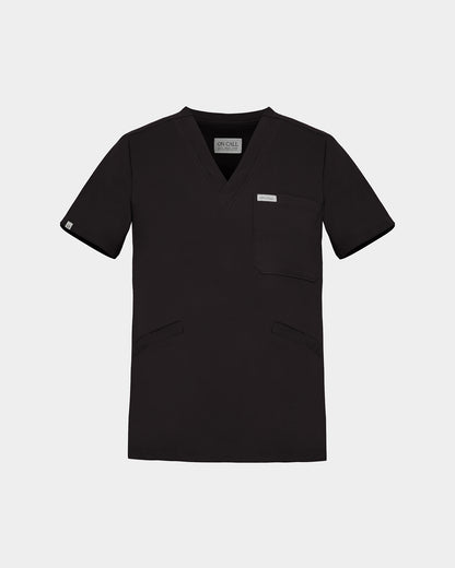Black v-neck scrub shirt with a chest pocket and rectangular logo label.