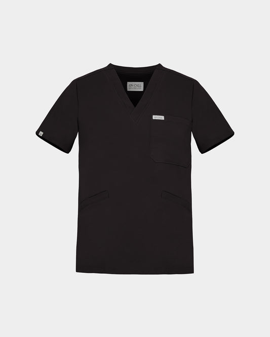 Black v-neck scrub shirt with a chest pocket and rectangular logo label.