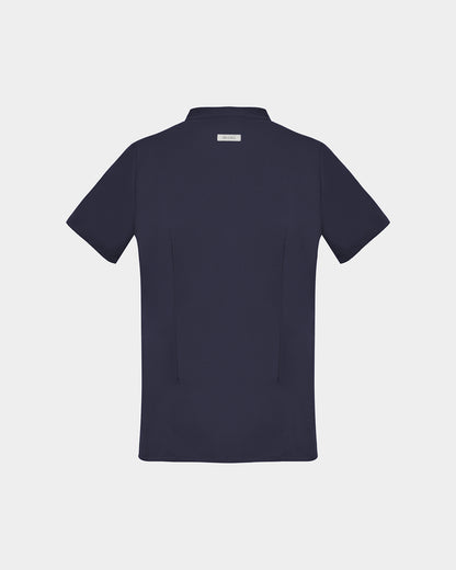 A dark navy short-sleeve scrub shirt shown from the back, featuring two subtle darts, centered on a light gray background.