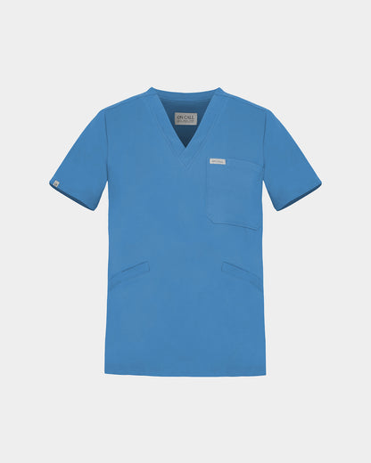 A bright blue V-neck scrub top with short sleeves, a chest pocket, and two lower front pockets, shown flat against a light gray background.